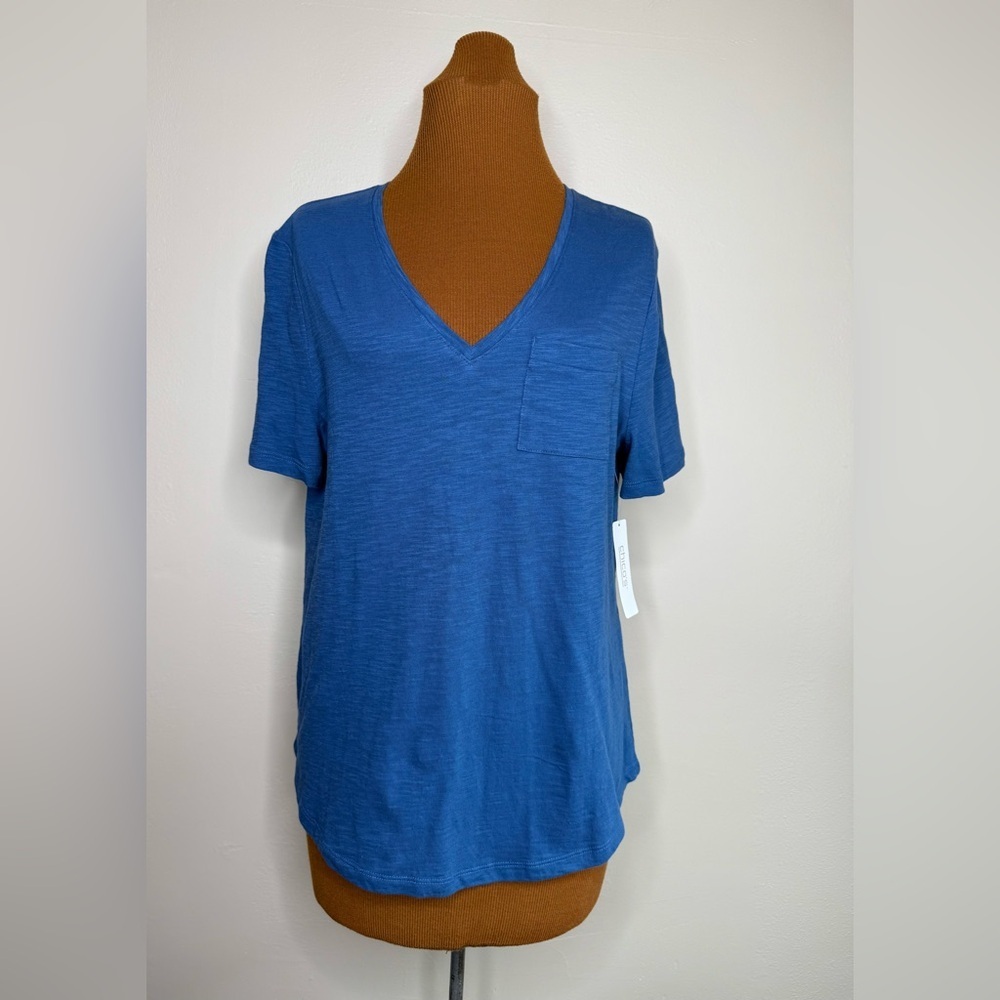 NWT Chico’s Blue V-Neck Short Sleeve Top Cotton Pocket Size Medium